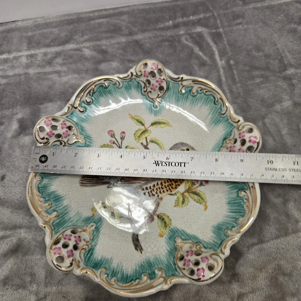 OD 1895 Bird Decorative Plate Reticulated Scalloped Edge Gold Gilt 8.5